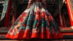 下衬红花白锦裙