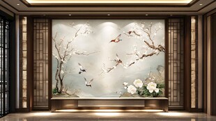 新中式梅花花鸟画墙