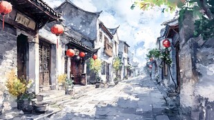 古街水彩画