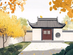 金色秋天中式园林素材