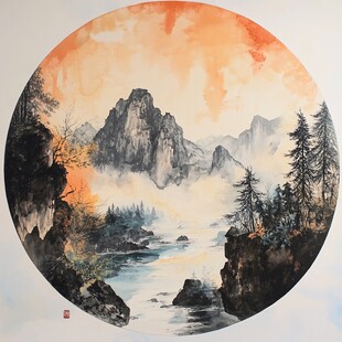 山水圆框画