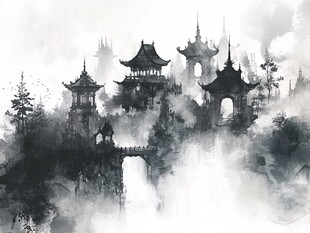 插画横店水彩水墨山水