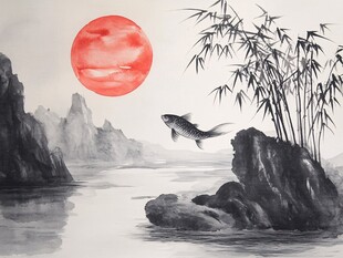 竹鸟山水画