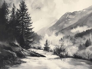 雪山水粉画