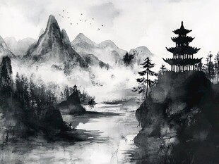 楼阁山水意境画