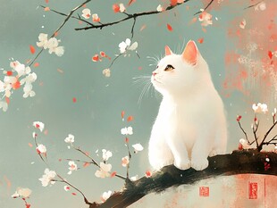 春天猫咪樱花插画壁纸