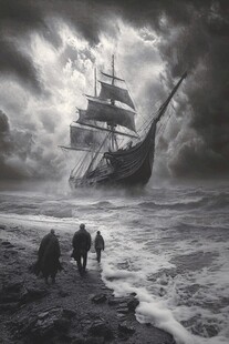 风暴中的帆船风景油画