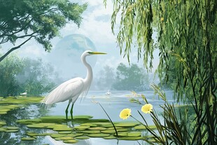 白鹭水鸟电视背景壁画