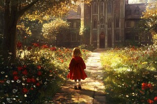 赏花红衣姑娘背影