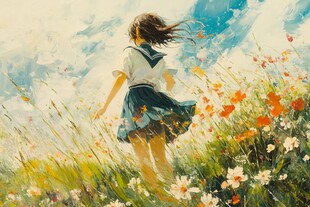 走在花海里的女生