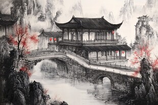 楼阁山水意境画