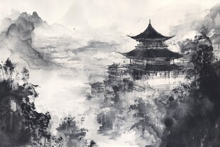 插画横店水彩水墨山水