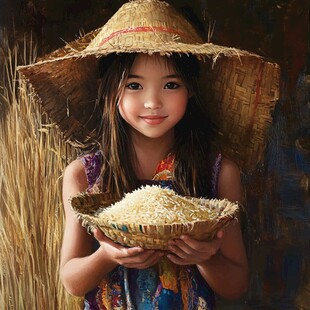 抱稻谷的女孩