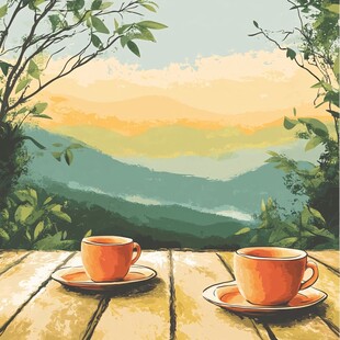 山水画茶树茶杯茶园