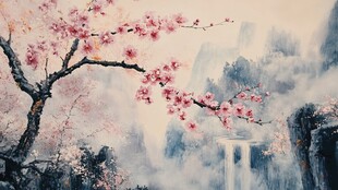 山水画中的桃花瀑布