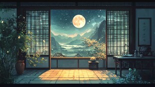 满月映照下的古风山水画