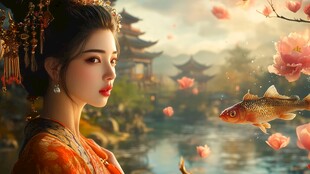 桃花映照下的古典美人