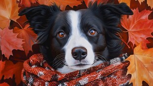 秋日暖心 狗狗围巾与枫叶背景