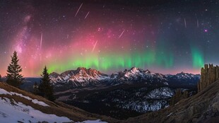 极光下的山脉夜景