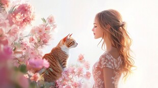 桃花少女与猫