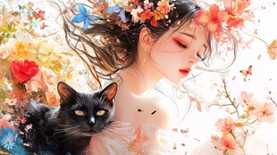 花之女神与猫的共舞