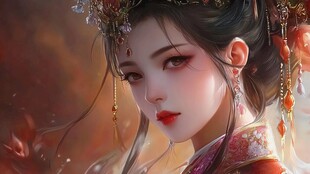 红衣女子 华贵头饰 精致妆容 古典风格