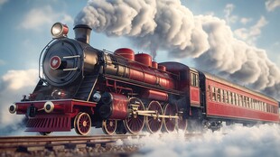 复古红色蒸汽火车在蓝天白云下飞驰