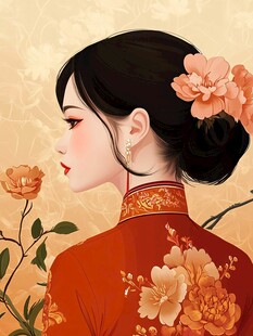 红衣女子 花卉背景 精致插画