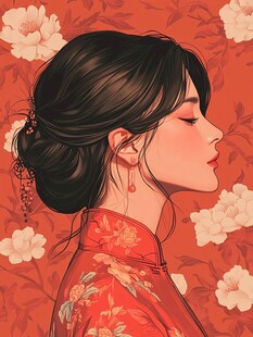 红衣女子 花卉背景
