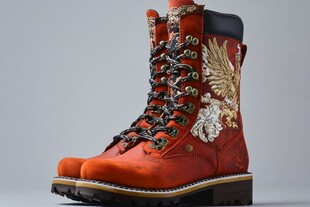 复古红马靴 绣花鹰设计 粗跟 系带前短靴