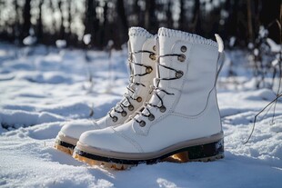 雪地中的白色靴子 背景是树林和雪地 白色靴子在雪地中