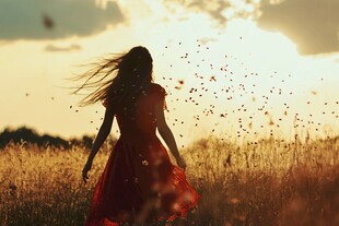 落日下的田野女孩