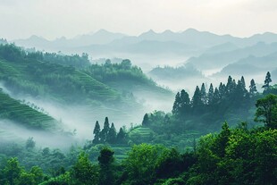 雾气缭绕的梯田山景