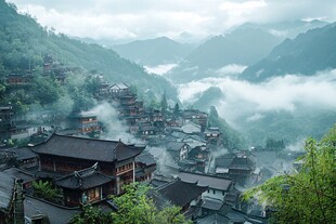 云雾缭绕的山村