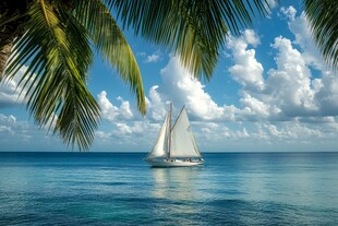 碧海蓝天下的帆船与棕榈树