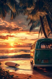 日落海滩 复古巴士与冲浪板