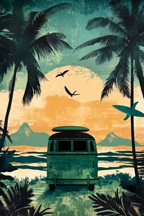 海滩上的复古巴士