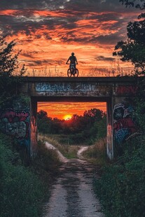夕阳下的涂鸦桥梁与骑车人