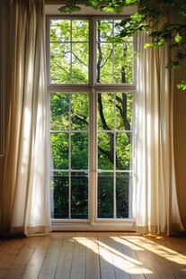 绿色森林映入室内 阳光洒满木地板