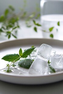 冰块与薄荷叶的清凉之约