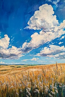 蓝天白云下的金色田野