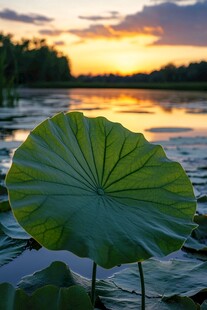 日落时分的池塘与莲叶