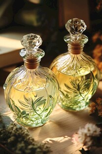 两瓶精油 绿色玻璃瓶 黄色液体 植物图案 透明瓶盖 木质软木塞 阳光照射 桌子上的摆设