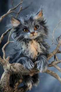 奇幻毛绒小猫栖息在枯木上