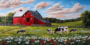 乡村风光 红谷仓 奶牛 鲜花 绿草 蓝天 白云 木栅栏 蜿蜒小路 树木 丘陵 宁静 农业 田园诗般