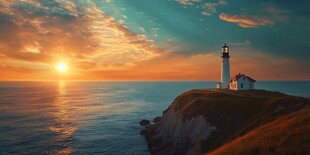 日落时分的海岸线上的灯塔