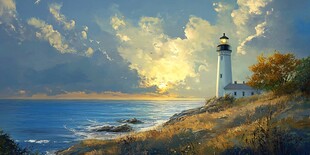 日落时分的海岸线上的白色灯塔