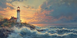 日落时分的海岸线上的灯塔