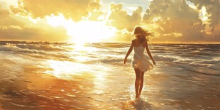 海边日落的女孩