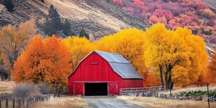 秋日山谷中的红色谷仓